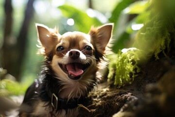 Medium shot portrait photography of a smiling chihuahua digging in a garden against waterfalls background. With generative AI technology