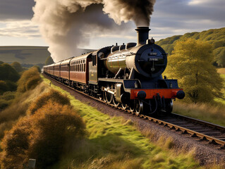 Fototapeta na wymiar A nostalgic scene of a steam locomotive gracefully traversing the countryside in motion blur.