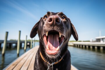 Studio portrait photography of a funny labrador retriever barking against fishing piers background....