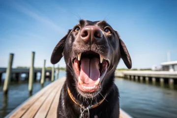 Tuinposter Studio portrait photography of a funny labrador retriever barking against fishing piers background. With generative AI technology © Markus Schröder