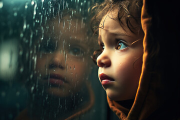 A child looking through a window with raindrops, emphasizing the warmth and security of home,
safety, loneliness, alone, childhood