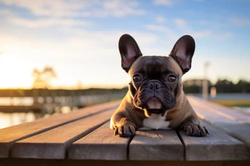 Foto op Plexiglas Lifestyle portrait photography of a curious french bulldog sitting on a bench against fishing piers background. With generative AI technology © Markus Schröder