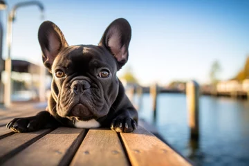 Poster Im Rahmen Lifestyle portrait photography of a curious french bulldog sitting on a bench against fishing piers background. With generative AI technology © Markus Schröder