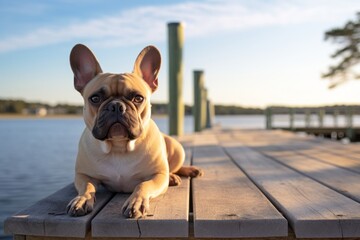 Lifestyle portrait photography of a curious french bulldog sitting on a bench against fishing piers...