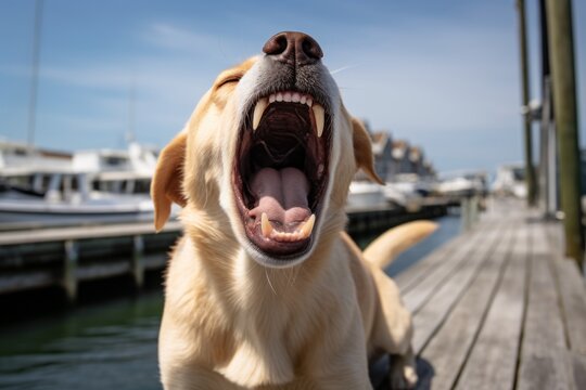 Studio portrait photography of a funny labrador retriever barking against fishing piers background. With generative AI technology