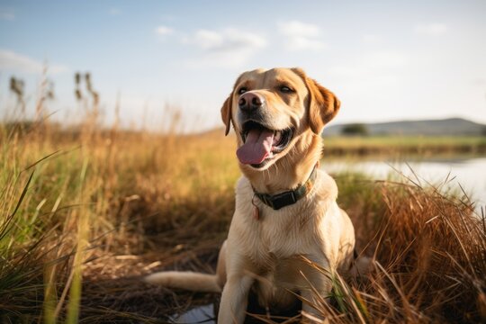 Lifestyle portrait photography of a smiling labrador retriever giving the paw against wildlife refuges background. With generative AI technology