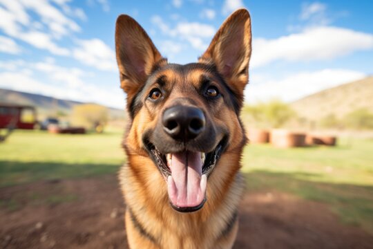 Medium shot portrait photography of a smiling german shepherd being at a dog park against wildlife refuges background. With generative AI technology