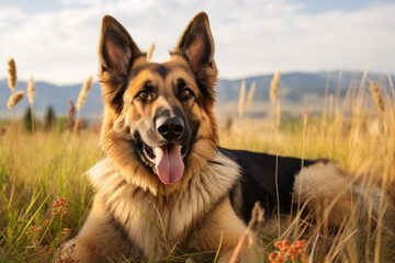 Headshot portrait photography of a happy german shepherd rolling against wildlife refuges background. With generative AI technology