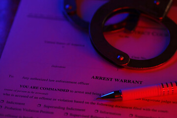 District Court Arrest Warrant court papers with handcuffs and blue pen on United States flag....