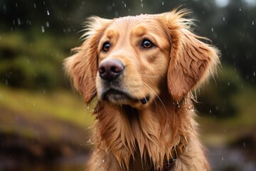 Close-up portrait photography of a curious golden retriever playing in the rain against wildlife refuges background. With generative AI technology