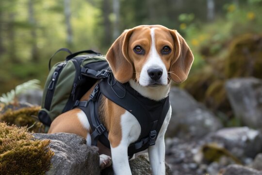 Headshot portrait photography of a cute beagle carrying a backpack against wildlife refuges background. With generative AI technology