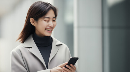 Portrait female using smartphone, happy. AI Generated.
