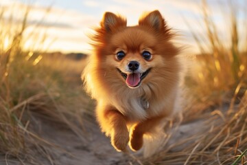 Headshot portrait photography of a cute pomeranian chasing his tail against wildlife refuges background. With generative AI technology