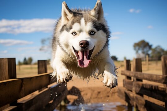 Close-up portrait photography of a curious siberian husky jumping over an obstacle against wildlife refuges background. With generative AI technology