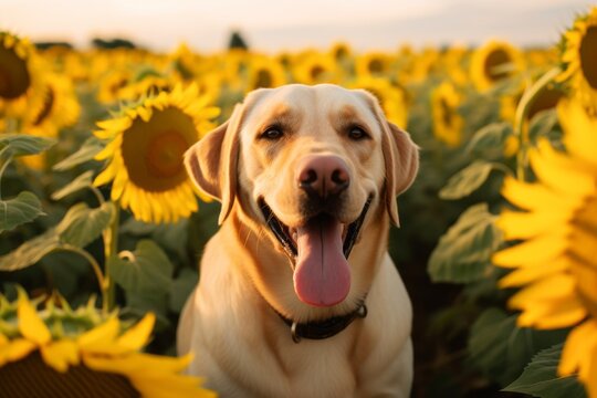 Medium shot portrait photography of a smiling labrador retriever camping against sunflower fields background. With generative AI technology