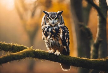 Fototapeta premium an owl sitting on a mossy branch in a forest