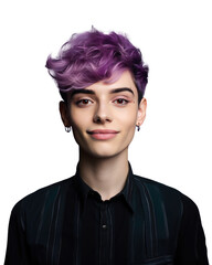 Portrait of a young non-binary person smiling, transparent background (PNG)