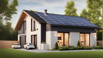 Fototapeta na wymiar new-suburban-house-with-a-photovoltaic-system-on-the-roof-modern-eco-friendly-passive-house Ai illustration