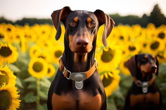 Environmental portrait photography of a smiling doberman pinscher wearing a harness against sunflower fields background. With generative AI technology