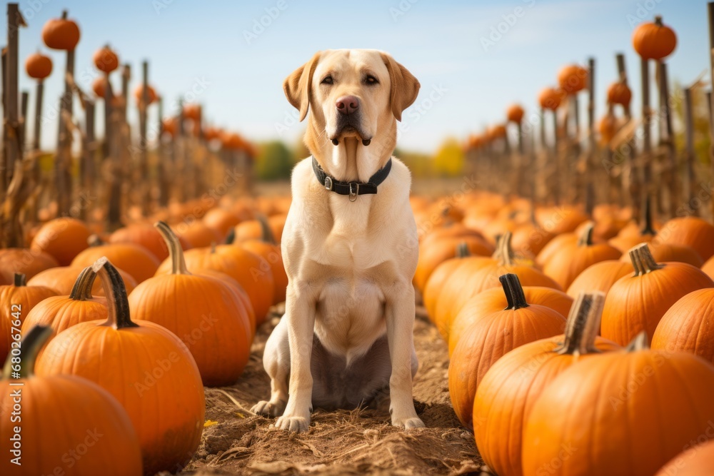 Canvas Prints medium shot portrait photography of a funny labrador retriever standing on hind legs against pumpkin