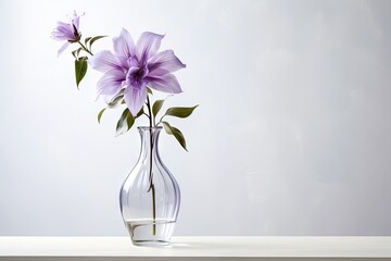  a glass vase filled with purple flowers on top of a wooden table next to a white wall and a gray wall.
