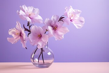  a glass vase filled with pink flowers on top of a table next to a purple wall and a purple background.