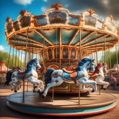 Fototapeta na wymiar horse ride on a carousel in a park horse ride on a carousel in a park carousel in the city park