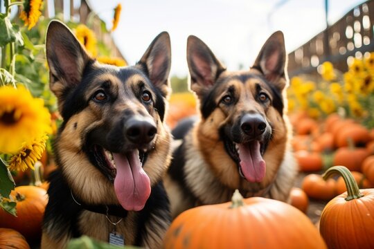 Medium shot portrait photography of a happy german shepherd smelling flowers against pumpkin patches background. With generative AI technology
