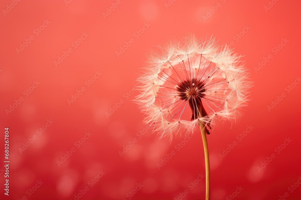 Poster a dandelion on a red background with a blurry image of the dandelion in the foreground.