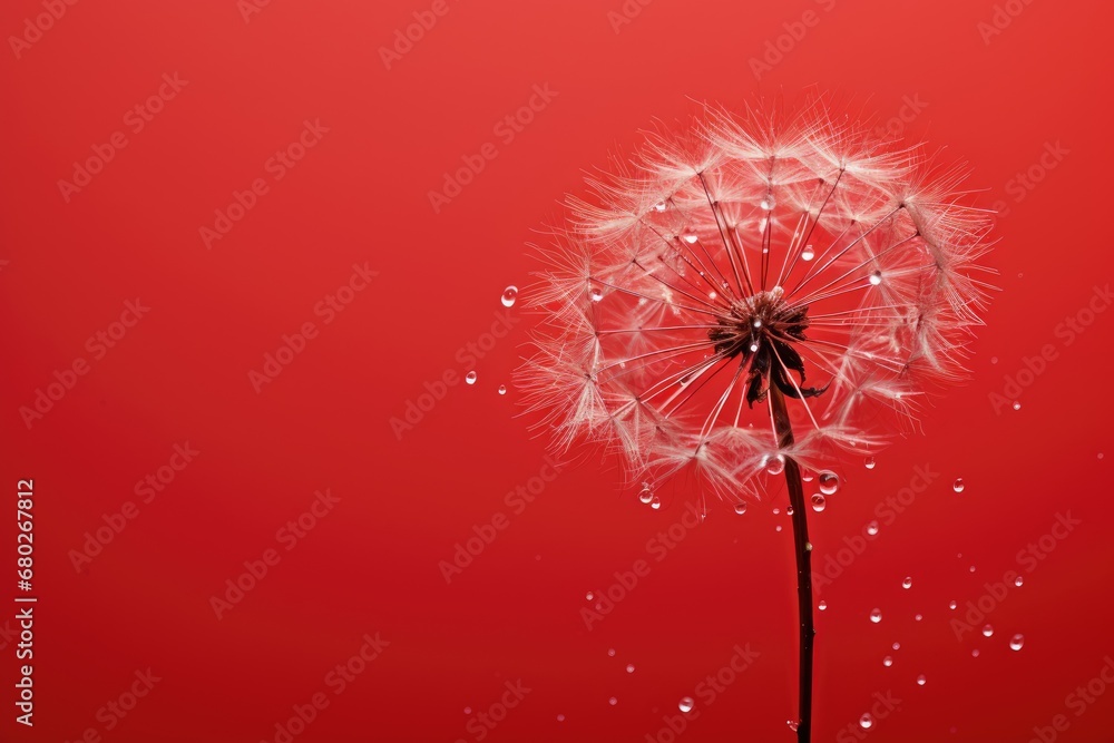Poster a dandelion on a red background with drops of water on the dandelion it is blowing in the wind.