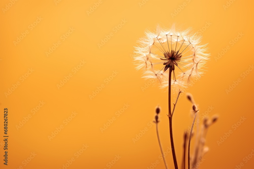 Poster a close up of a dandelion on a yellow background with a blurry image of the dandelion.