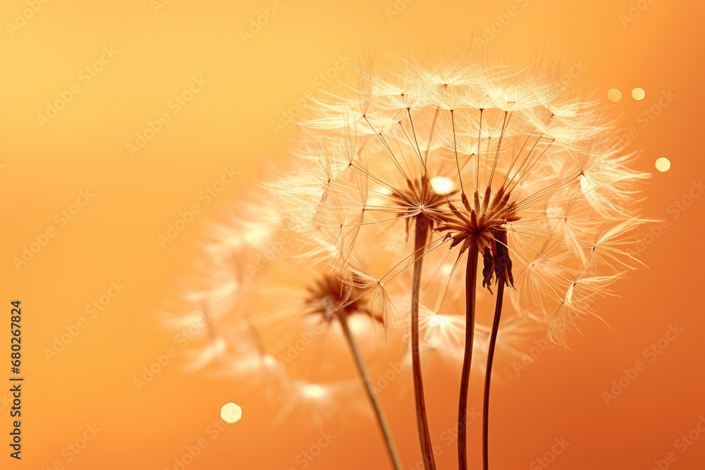 Poster a close up of a dandelion in front of a yellow background with a blurry image of the dandelion.
