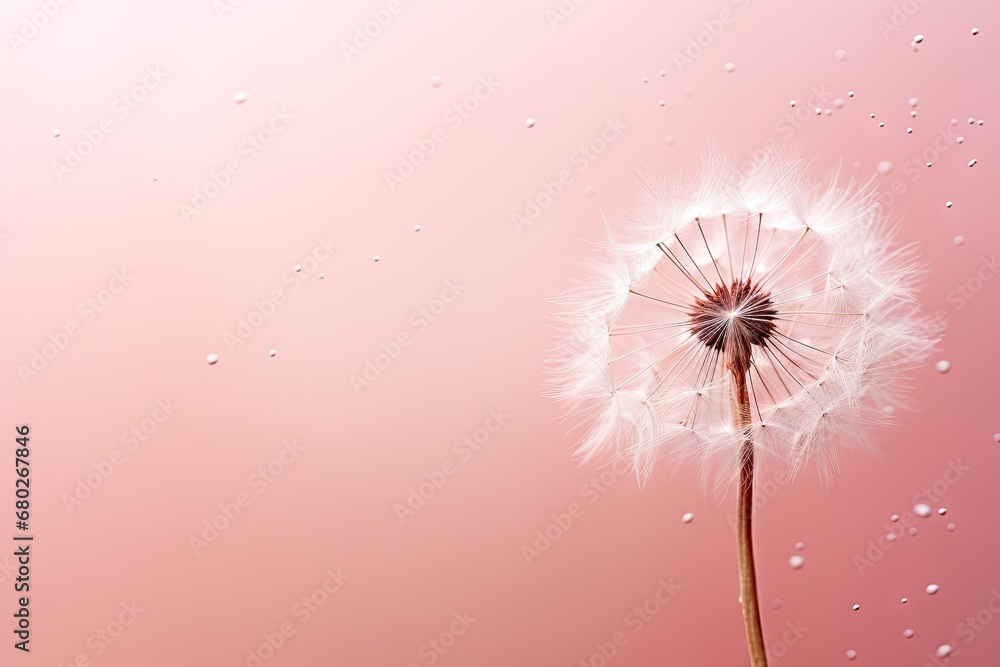 Poster a dandelion on a pink background with drops of water on the top of the dandelion and the bottom of t