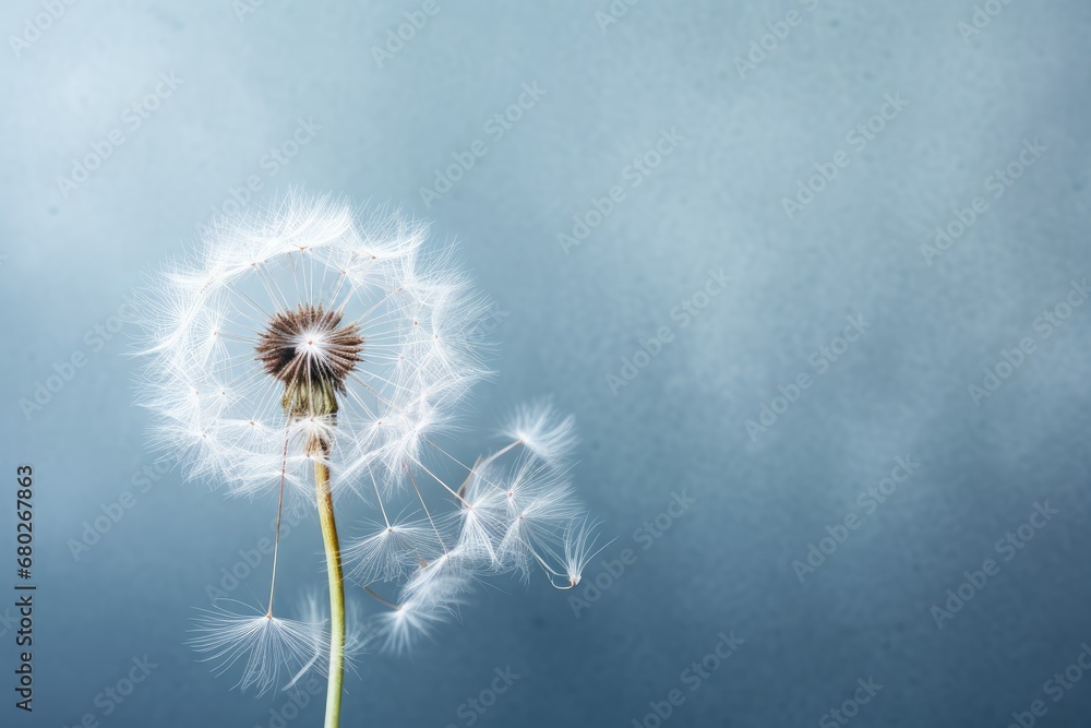 Poster a dandelion blowing in the wind with a blue sky in the background and a few clouds in the background