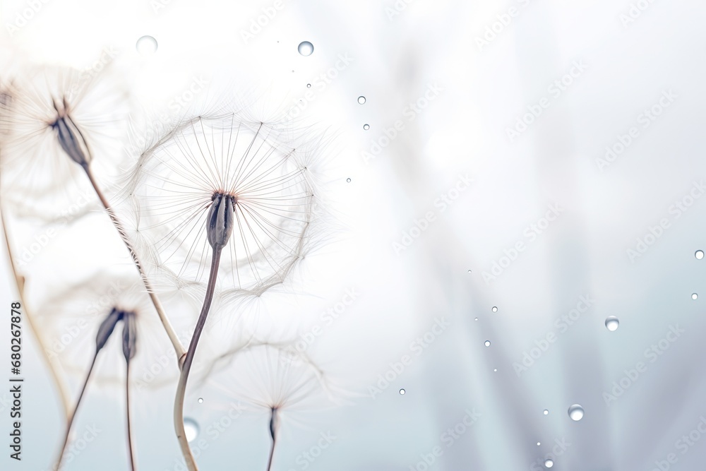 Poster a close up of a dandelion with drops of water on the dandelion and the sky in the background.