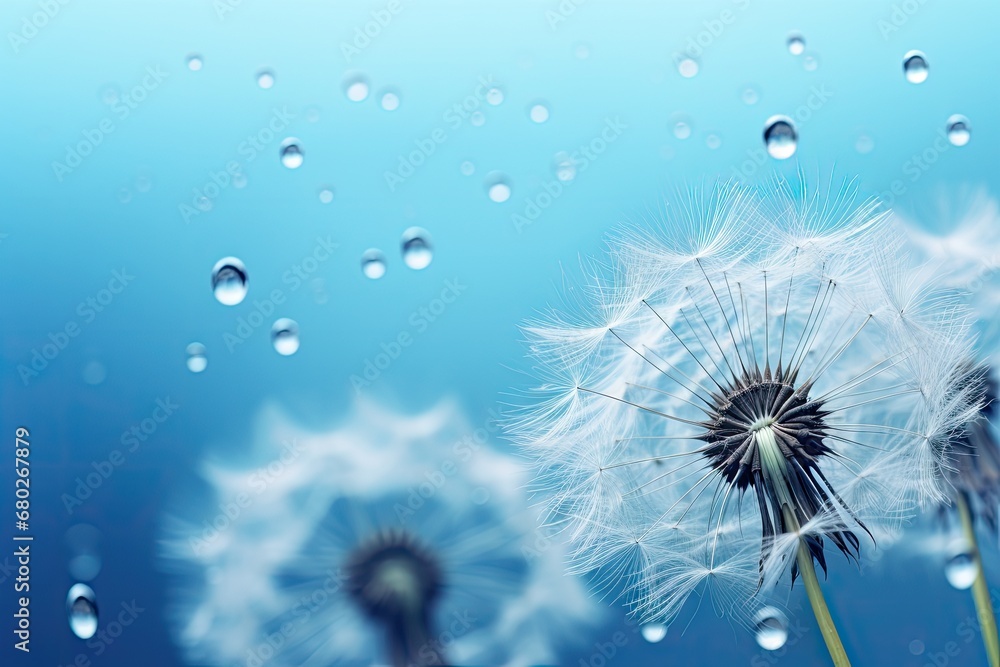 Poster a close up of a dandelion with drops of water on the top and bottom of the dandelion.