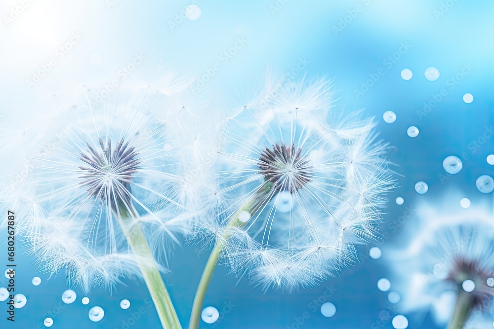 Poster a close up of a dandelion on a blue and white background with a blurry image of the dandelion.