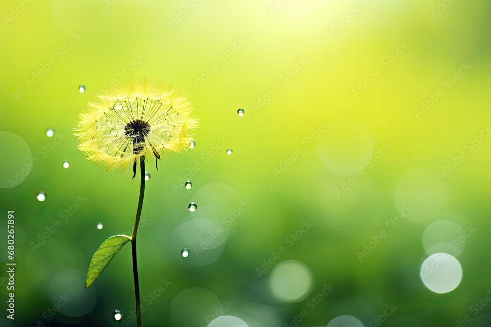 Poster a dandelion with drops of water on it in front of a green background with a blurry image of the dand