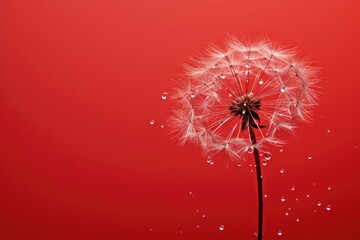 a dandelion on a red background with drops of water on the dandelion it is blowing in the wind.