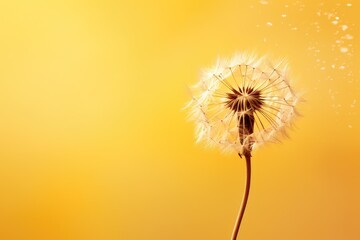  a dandelion blowing in the wind on a yellow and yellow background with drops of water on the dandelion.