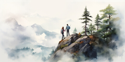 Happy Couple Reaching Top of Mountain Summit at Mountain Forest Trail. Enjoying Calming Nature, Having a Good Time on Holidays. Nordic Walking. Watercolour Illustration. - obrazy, fototapety, plakaty