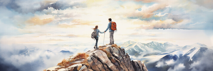 Happy Couple Reaching Top of Mountain Summit at Mountain Forest Trail. Enjoying Calming Nature, Having a Good Time on Holidays. Nordic Walking. Watercolour Illustration. - obrazy, fototapety, plakaty