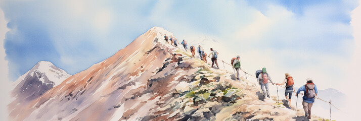 Group of People on the Peak of the Mountain. Climbing and Giving Helping Hand. Team work with Guide. Travel Hiking or Track Walking. Successful Team building Business Concept. Watercolour Illustration