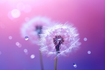  a close up of a dandelion on a purple and pink background with drops of water on the dandelion.