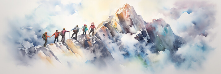 Group of People on the Peak of the Mountain. Climbing and Giving Helping Hand. Team work with Guide. Travel Hiking or Track Walking. Successful Team building Business Concept. Watercolour Illustration - obrazy, fototapety, plakaty