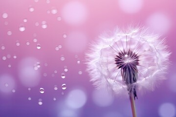  a close up of a dandelion with drops of water on the dandelion and a pink background.