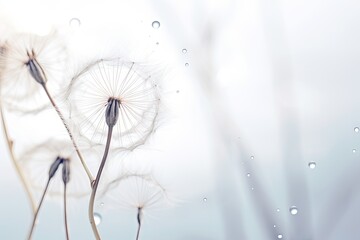  a close up of a dandelion with drops of water on the dandelion and the sky in the background.