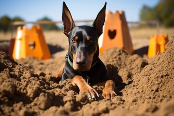 Medium shot portrait photography of a funny doberman pinscher building a sandcastle against pumpkin patches background. With generative AI technology - obrazy, fototapety, plakaty