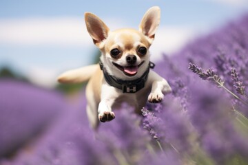Close-up portrait photography of a funny chihuahua skateboarding against lavender fields background. With generative AI technology