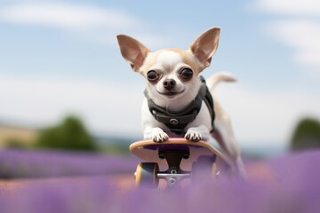 Close-up portrait photography of a funny chihuahua skateboarding against lavender fields...